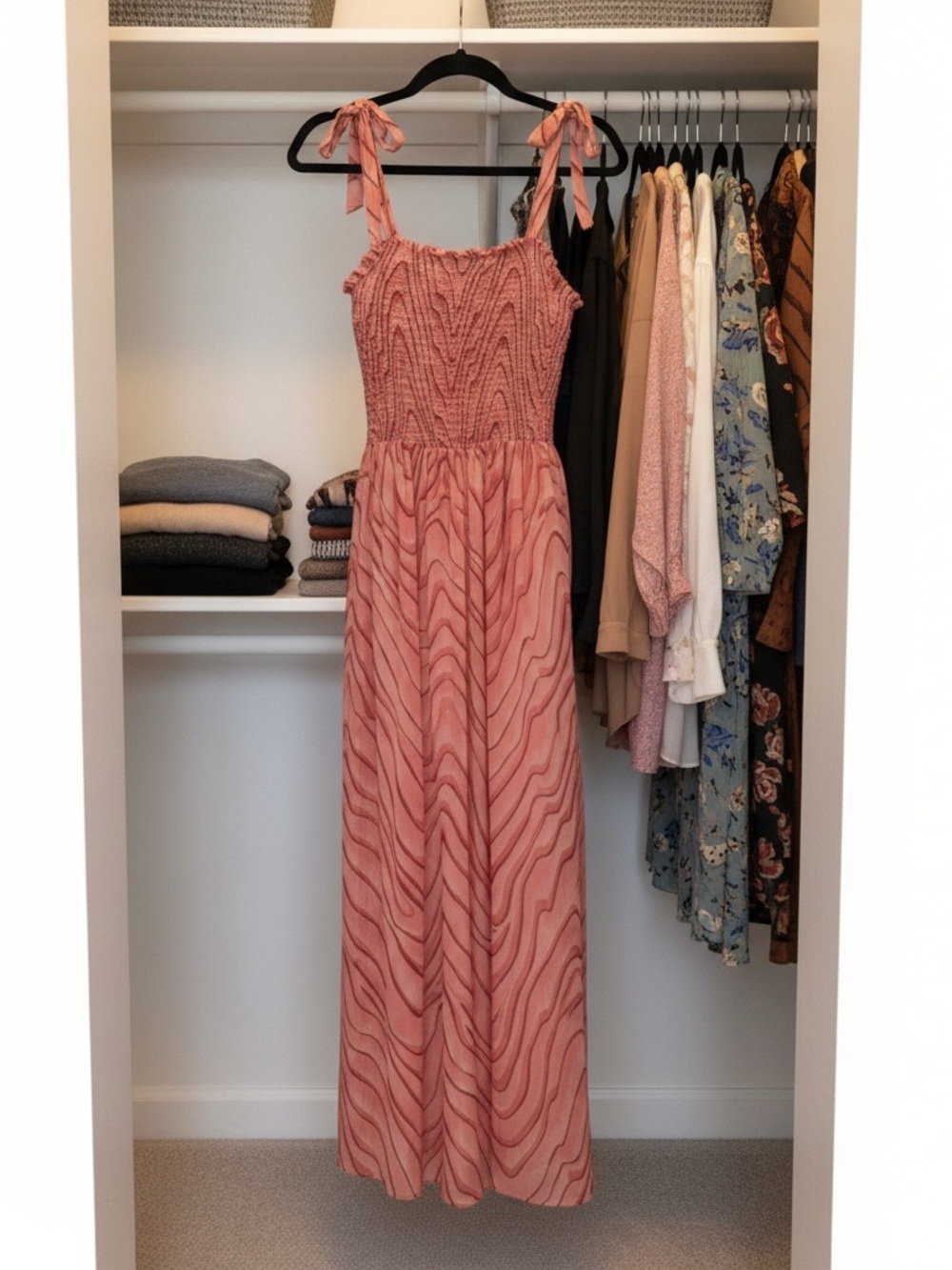 Women’s Peach Smocked Maxi Dress with Tie Straps